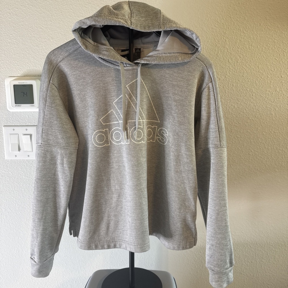 Adidas Women's Hoodie Pullover Sweatshirt Athletic Climawarm Logo Gray Size L